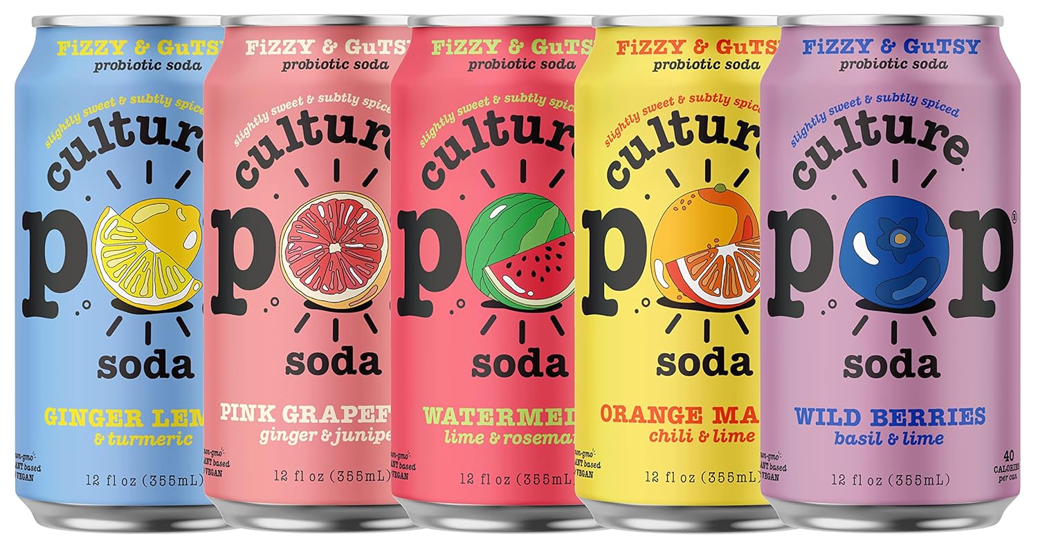 Culture Pop Sparkling Probiotic Soda | 40 Calories per can, Vegan, Non-GMO | 12 Fl Oz Cans (5 Flavor Variety, Pack of 5)
