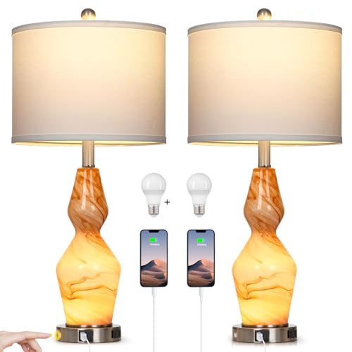 Glass Table Lamps Set of 2, 3-Way Dimmable Touch Control with USB Ports N2775