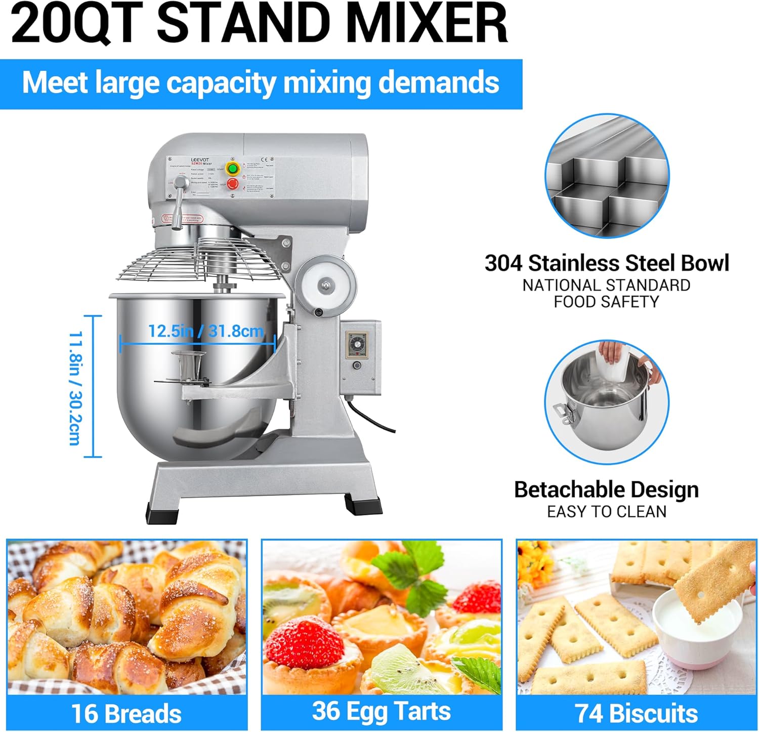 20Qt 1100W Commercial Food Mixer with Stainless Steel Bowl A9106
