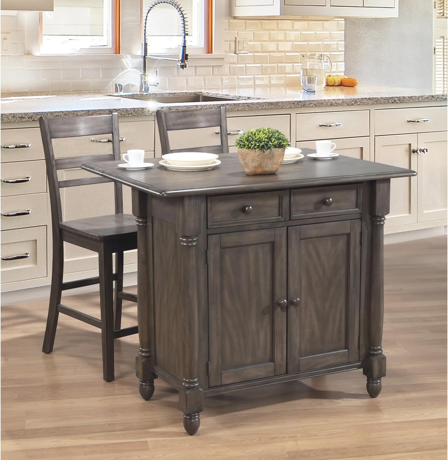 Expandable Drop Leaf Kitchen Island Set with 2 Stools, Drawers and Cabinet