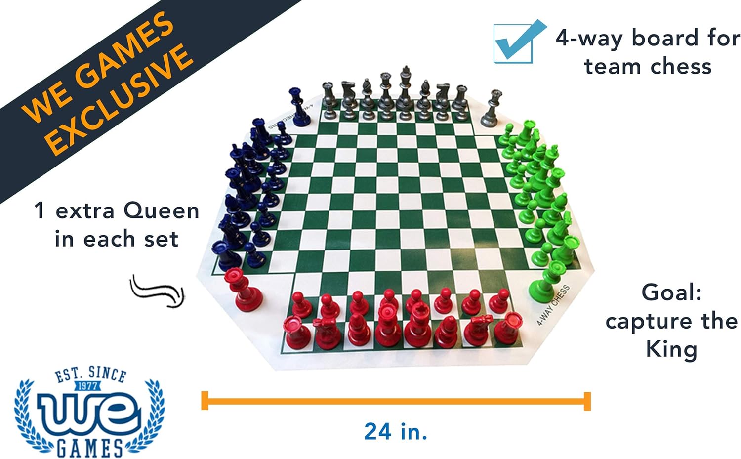 Four Player Chess Set with Roll Up Vinyl Board and 4 Sets of Pieces M466
