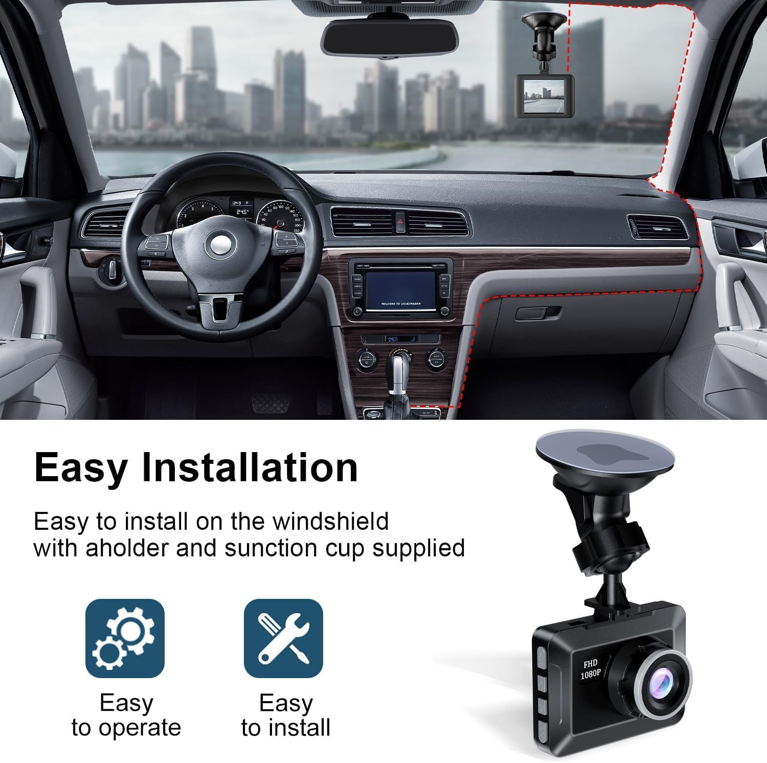 Dash Camera for Car, 1080P Full HD, 170° Wide Angle, Night Vision, Loop Recording, G Sensor H65755