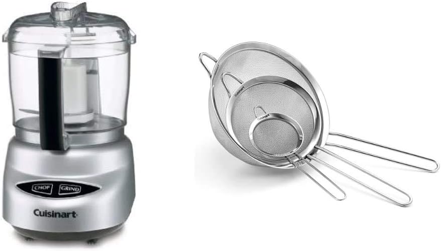 Cuisinart DLC-2ABC Mini Prep Plus Food Processor Brushed Chrome and Nickel & Set of 3 Fine Mesh Stainless Steel Strainers