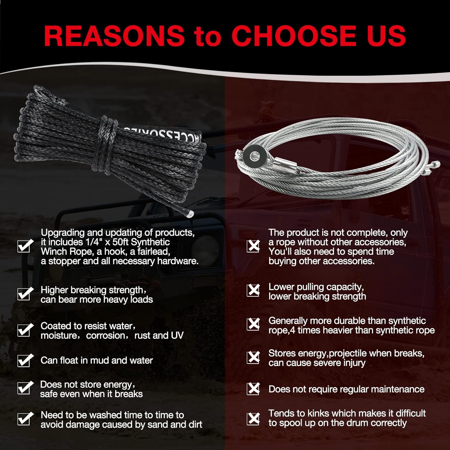 Synthetic Winch Rope 50 ft Heavy Duty with Steel Hook K16348