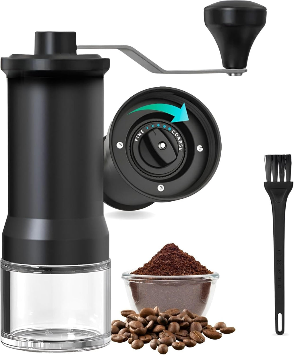 Adjustable Manual Coffee Grinder with Ceramic Burr - Hand Crank Mill for Home, Travel, and Camping - Internal Grind Settings with Cleaning Brush Included (Black)