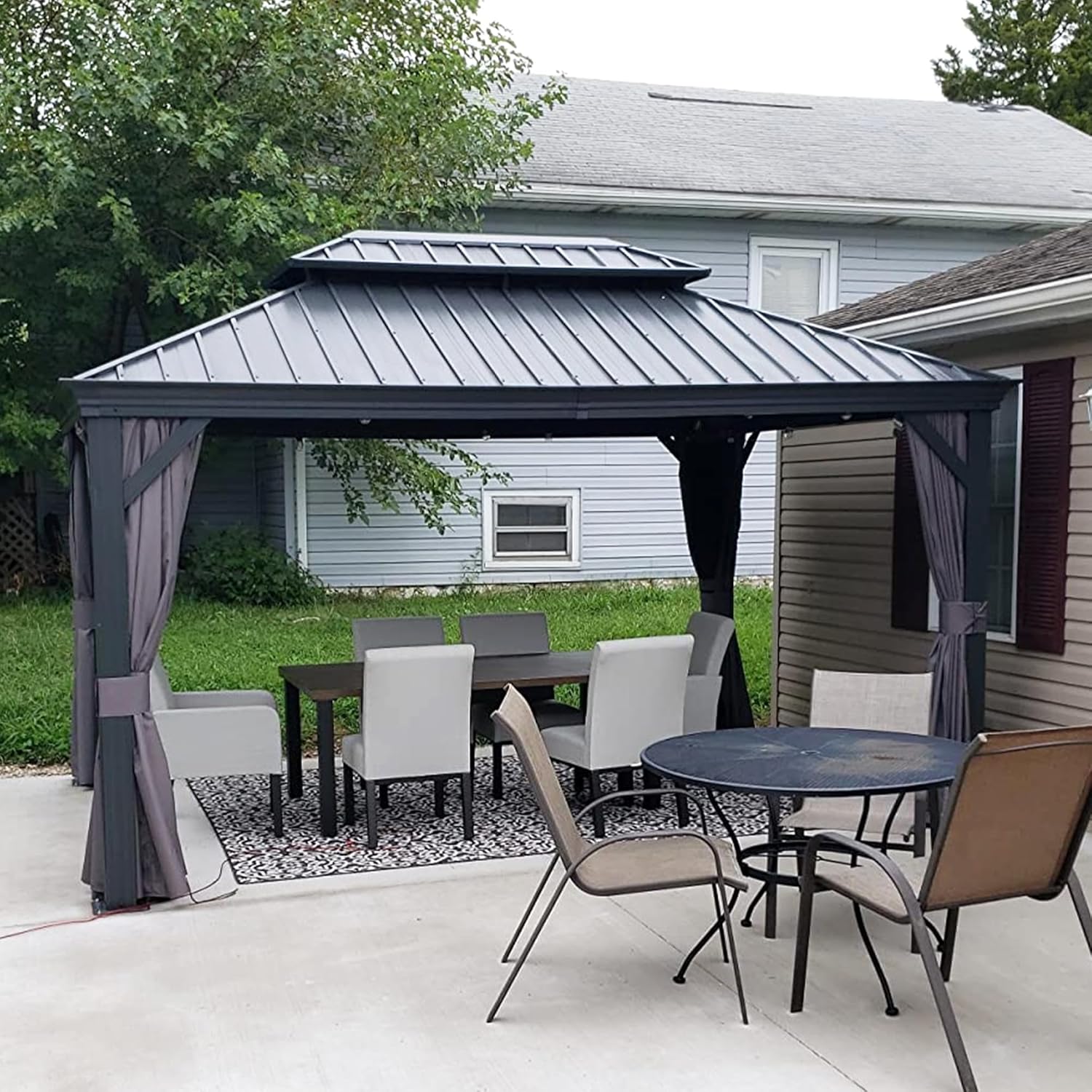 Hardtop Gazebo for Patio with Galvanized Steel Roof, Curtains and Netting Included W436566