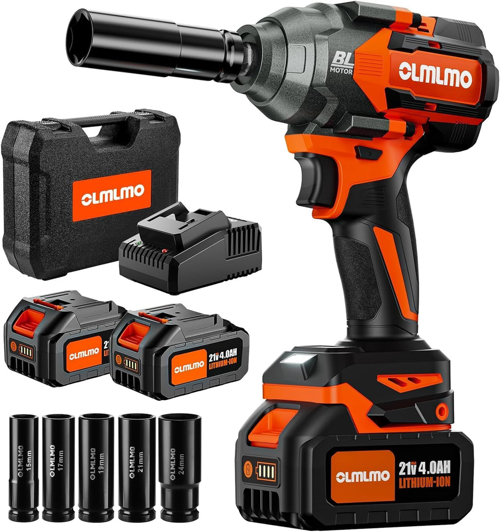Cordless Impact Wrench High Torque 1/2-In 700Ft-lbs（950N.m Brushless Impact Wrench, 21V Electric Impact Wrench w/ 2x 3.0Ah Battery, Fast Charger & 5 Sockets, Power Impact Gun for Car Home