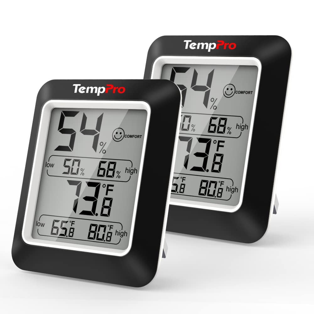 A50-2 Hygrometer Indoor Thermometer Humidity Sensor with Air Comfort Indicator, 2 Pack Humidity Meter Room Thermometer for Home Basement Greenhouse Temperature Sensor, Black