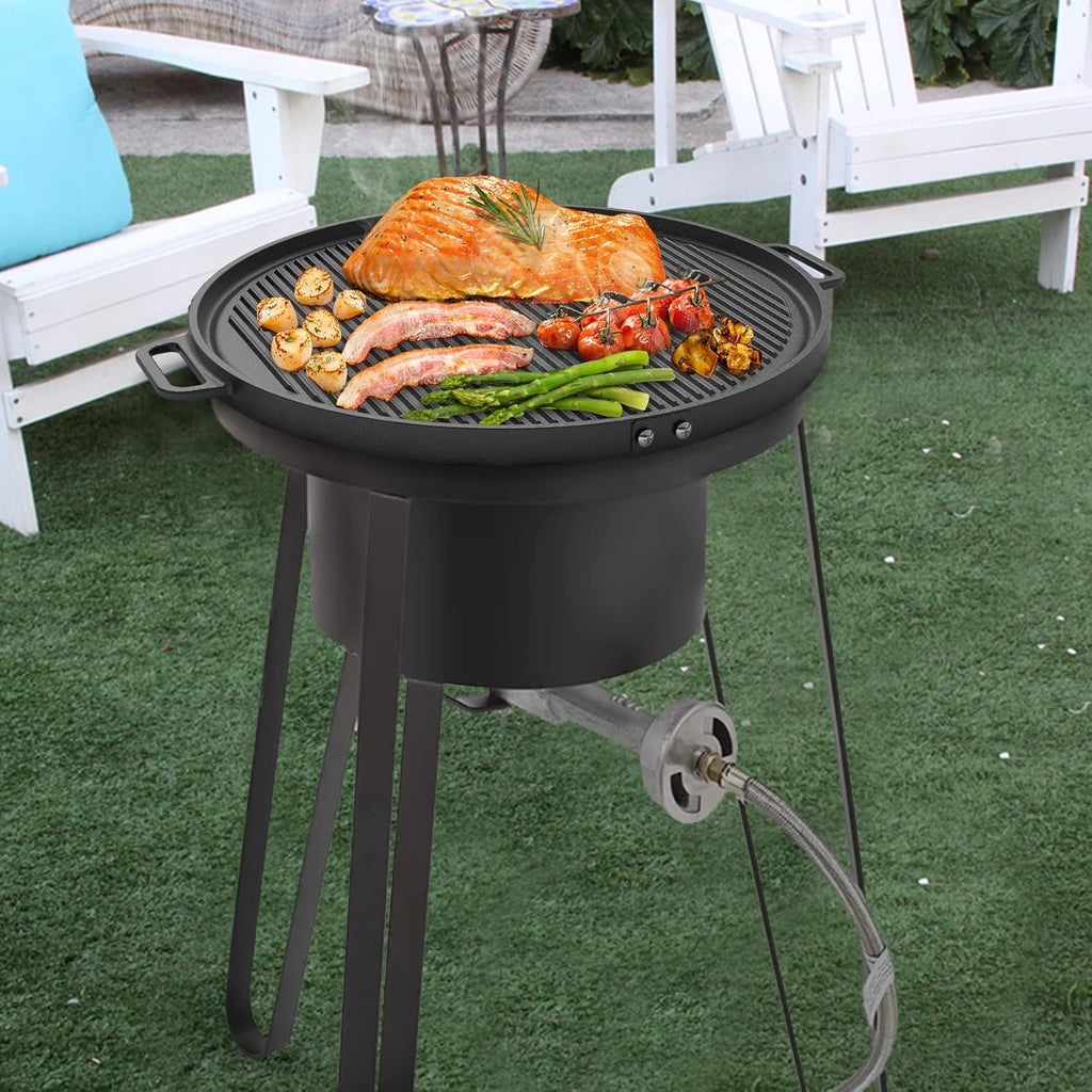 18" Cast Iron Double Sided Campfire Griddle with Handles and Adjustable Legs U681