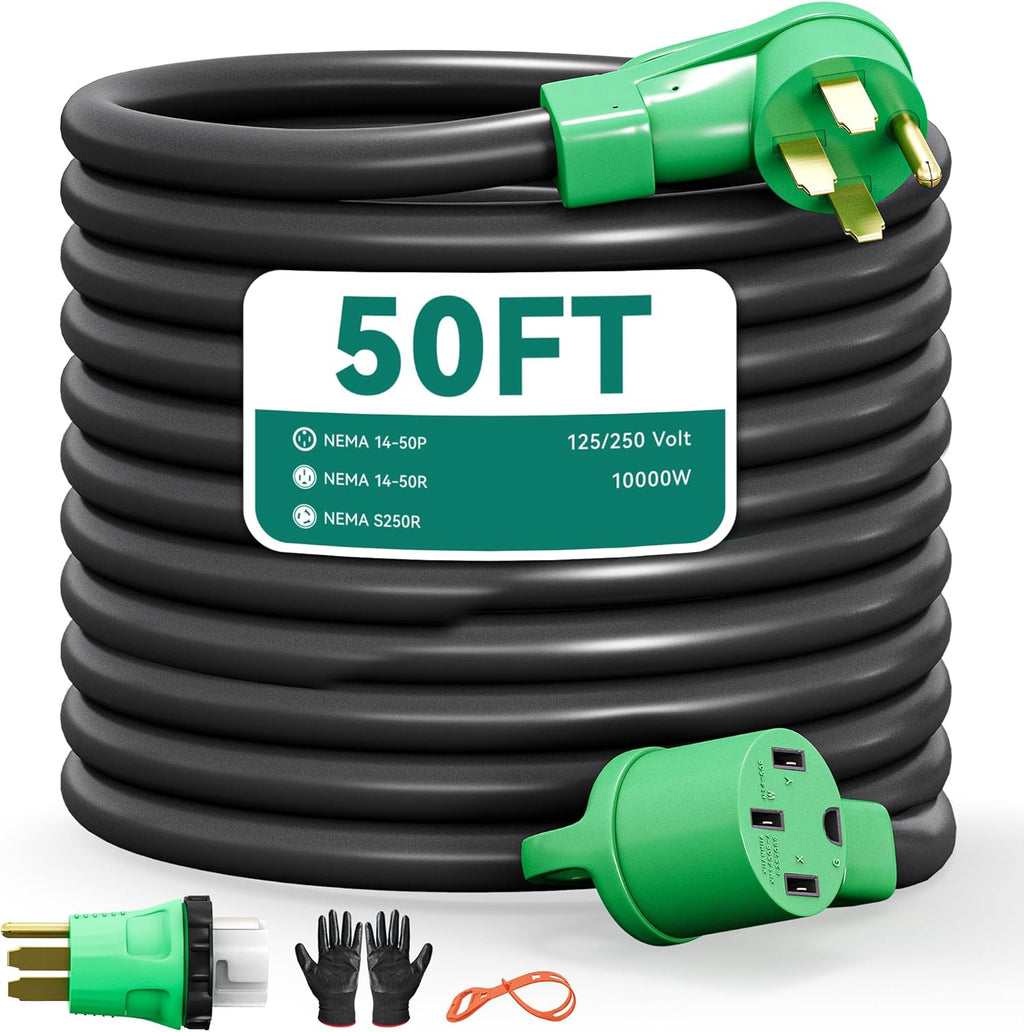 YITAHOME 50 Amp 50FT RV Extension Cord, NEMA 14-50P/14-50R, Heavy Duty RV Power Cord with UL/ETL Listed, 125/250V 10000W, Generator Cord w/Strap, Easy Plug in Handle, and 14-50P/S250R Adapter