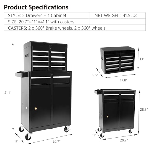 5-Drawer Rolling Tool Chest with Detachable Top Tool Box and Lockable Wheels M981052