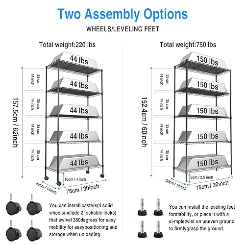 5 Tier NSF Metal Wire Shelving Unit, 60" H x 30" L x 14" D, Heavy Duty Adjustable Storage Rack with Wheels C23549