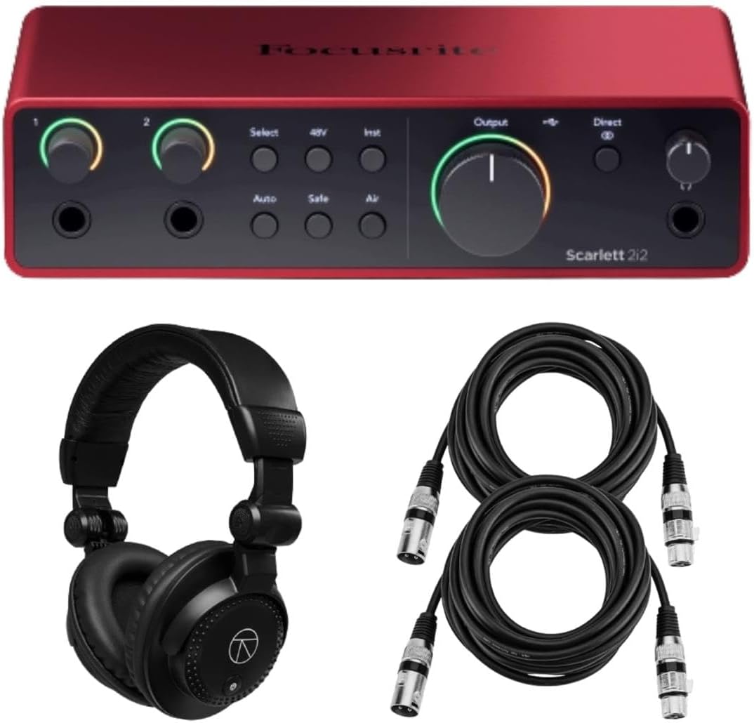 Focusrite Scarlett 2i2 4th Gen 2x2 USB Audio Interface Bundle with Headphones and 2 XLR Cables, For PC & MAC, Great for Music Recording and Podcast (4 Items)