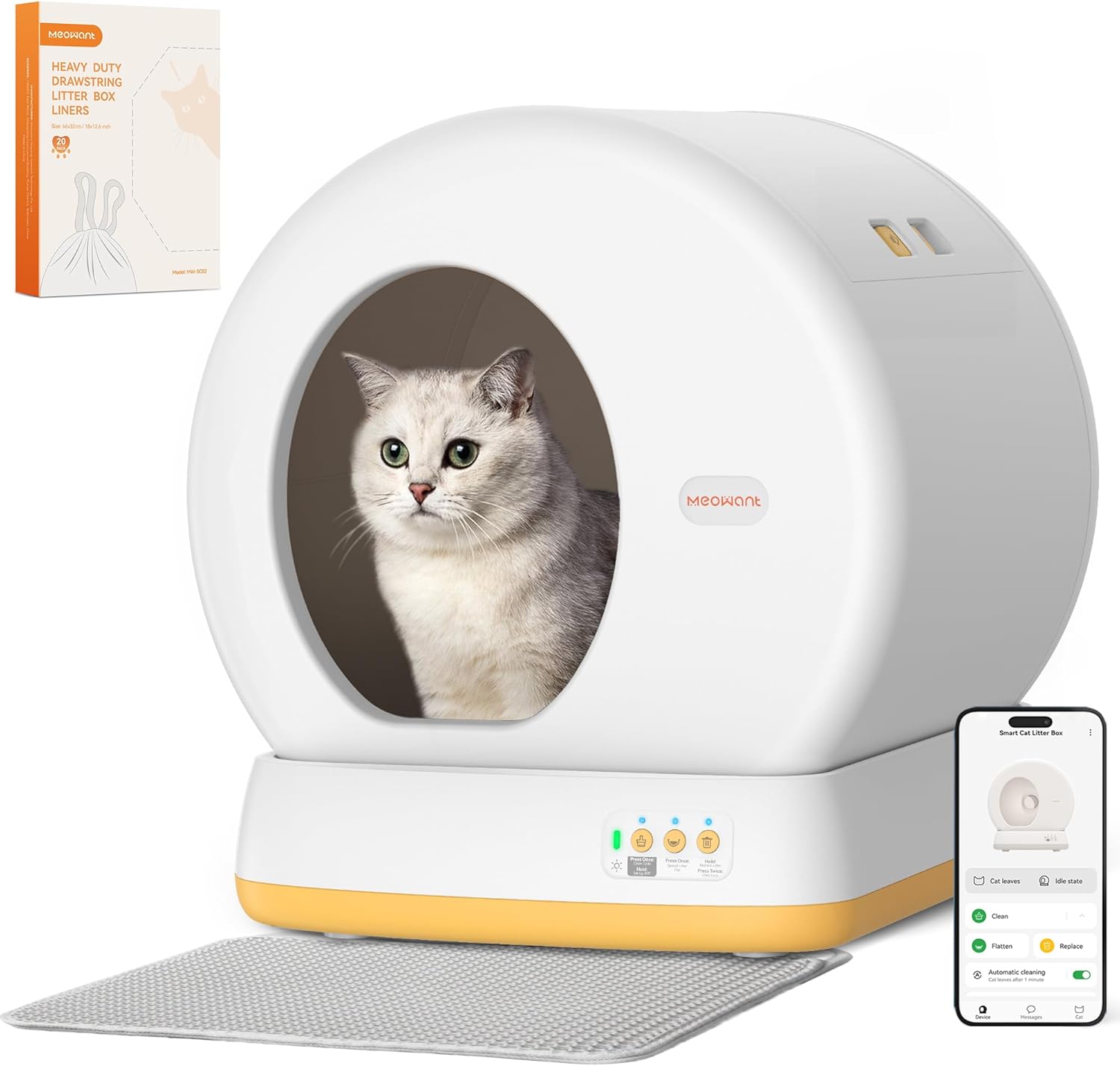 MeoWant Self-Cleaning Cat Litter Box-Yellow, Advanced Safety System Automatic Cat Litter Box Perfect for Multi Cats, Extra Large/Odor Control/APP Control Smart Cat Litter Box with Mat & Liner