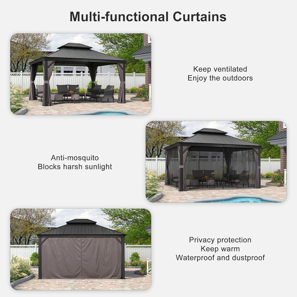 12 x 14 ft Hardtop Gazebo with Galvanized Steel Double Roof for Patio Backyard Y3352