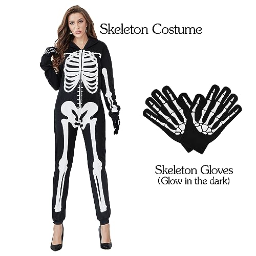 Glow in the Dark Skeleton Onesie Bodysuit with Gloves, Adult Halloween Pajamas Jumpsuit, Black XL I8809
