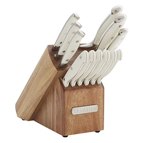 Sabatier 15-Piece Forged Triple Rivet Knife Block Set with Built-in Sharpener, High-Carbon Stainless Steel Kitchen Knives, Razor-Sharp Knife set with Acacia Block and Edgekeeper Technology, White