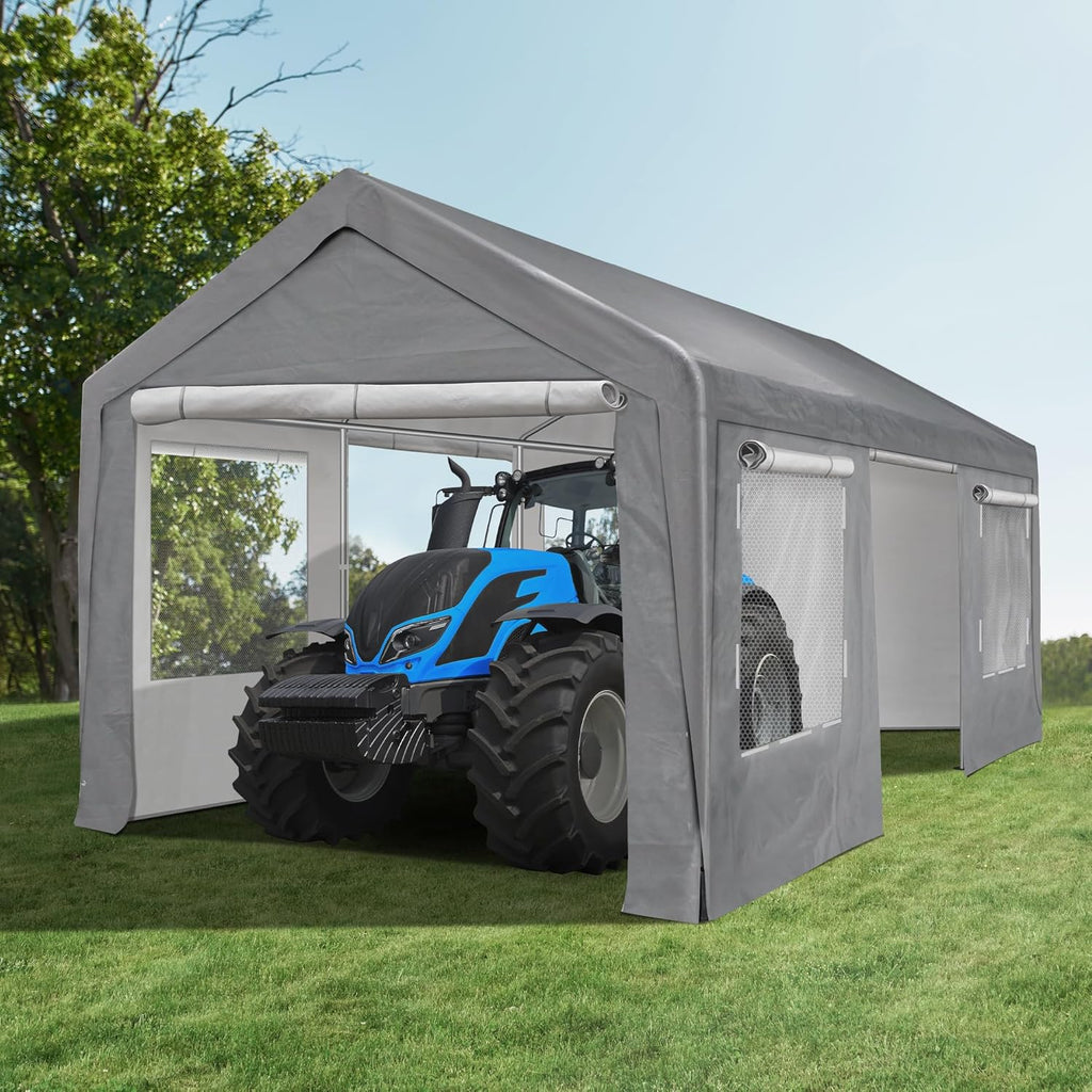 10'x20' Portable Carport Garage, Outdoor Storage Shelter Shed, Durable Zipper Car Canopy with Roll-up Doors and Windows, Heavy Duty Metal Frame, Waterproof Carport Tent for Generator Vehicles
