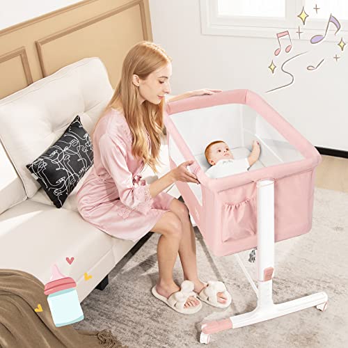 3 in 1 Folding Bassinet Bedside Sleeper with Adjustable Height, Mattress, Wheels, Storage & Carry Bag (Pink) D6125