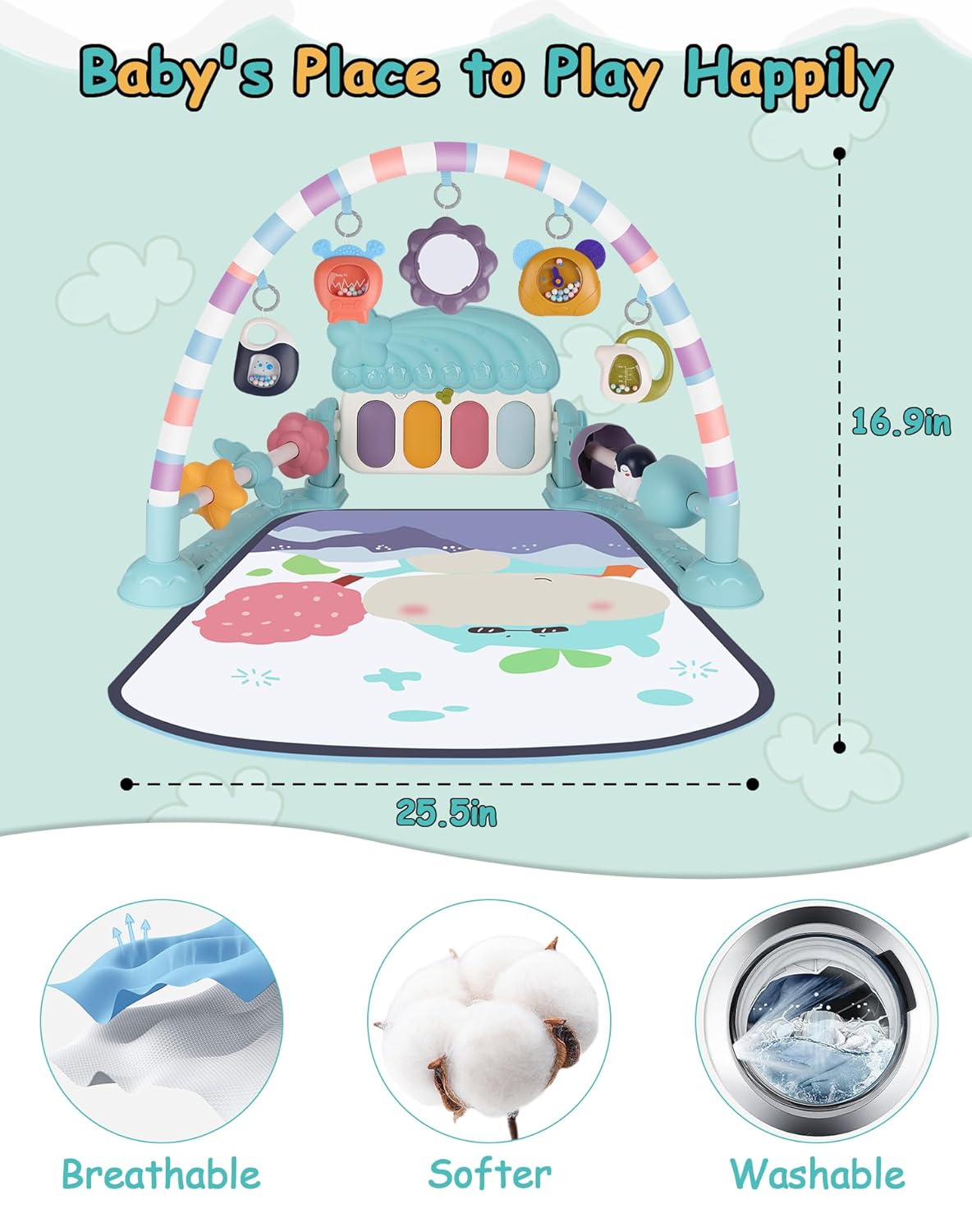 Tummy Time Play Mat with Piano, Foldable Baby Activity Gym Q938