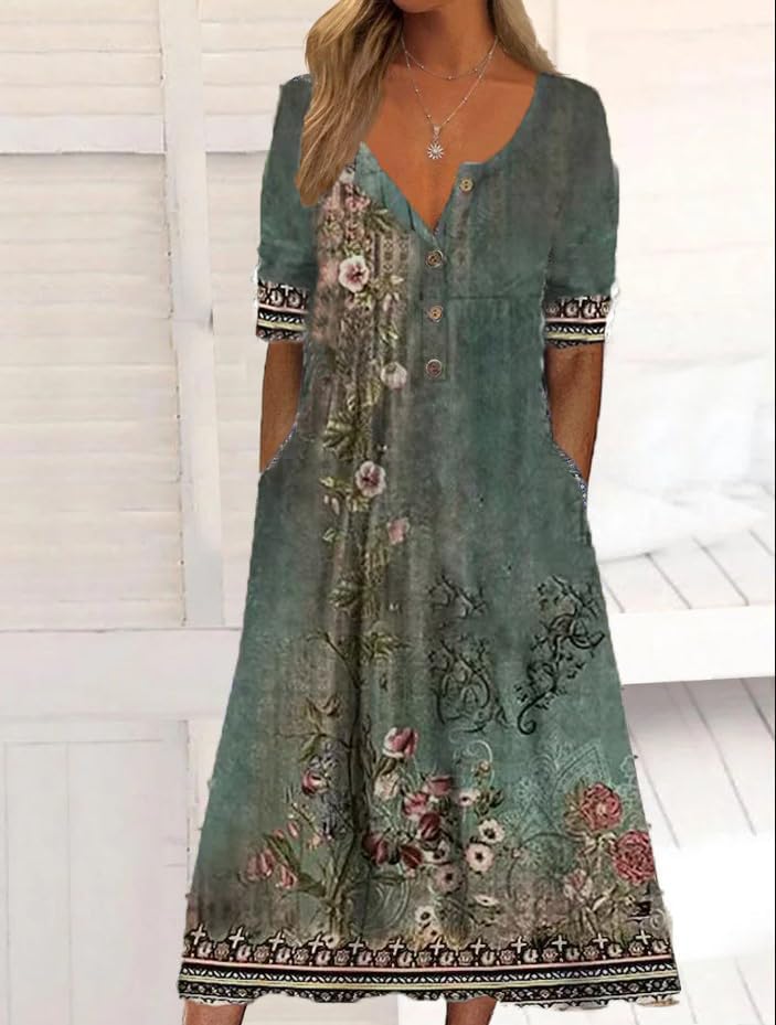 Women's Boho Floral Maxi Dress with Pockets I97005