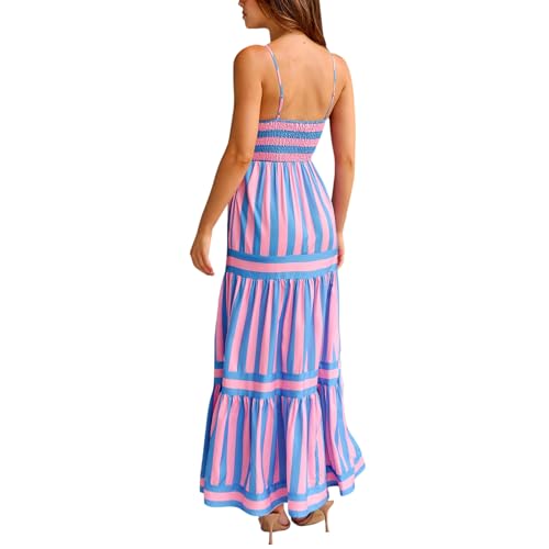 Women Y2k Boho Striped Maxi Dress Spaghetti Strap Flowy Long Sundress D65356