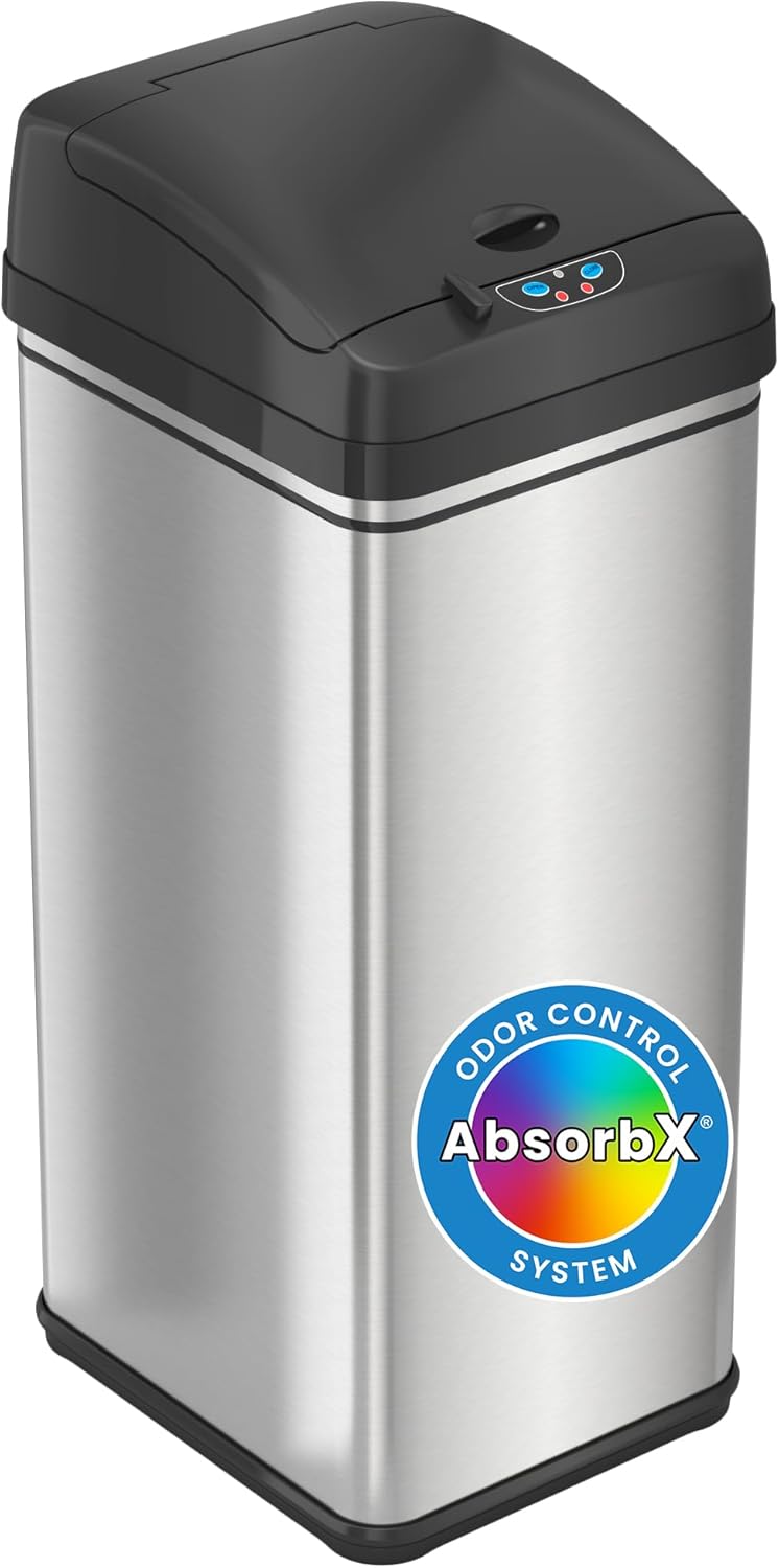 iTouchless 13 Gallon Stainless Steel Automatic Garbage Can with AbsorbX Filter, Big Lid Opening Sensor Touchless Kitchen Trash Bin (Base Version - No AC Adapter)