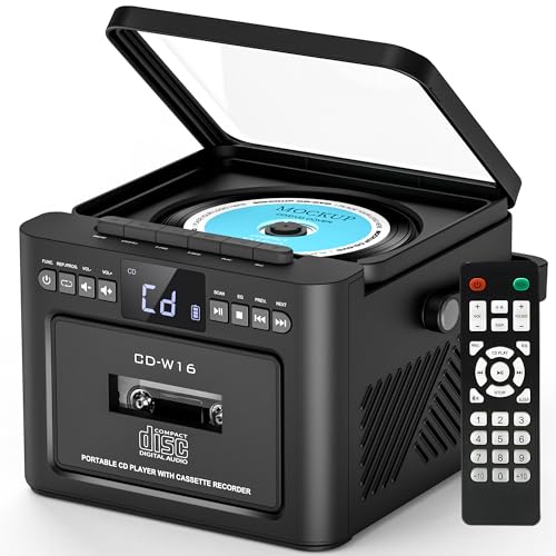 Boombox CD Player Portable with Cassette Player, Portable Radio with Bluetooth, Boom Box with Stereo Sound, Powered by 5000mAh Rechargeable Battery (Black)