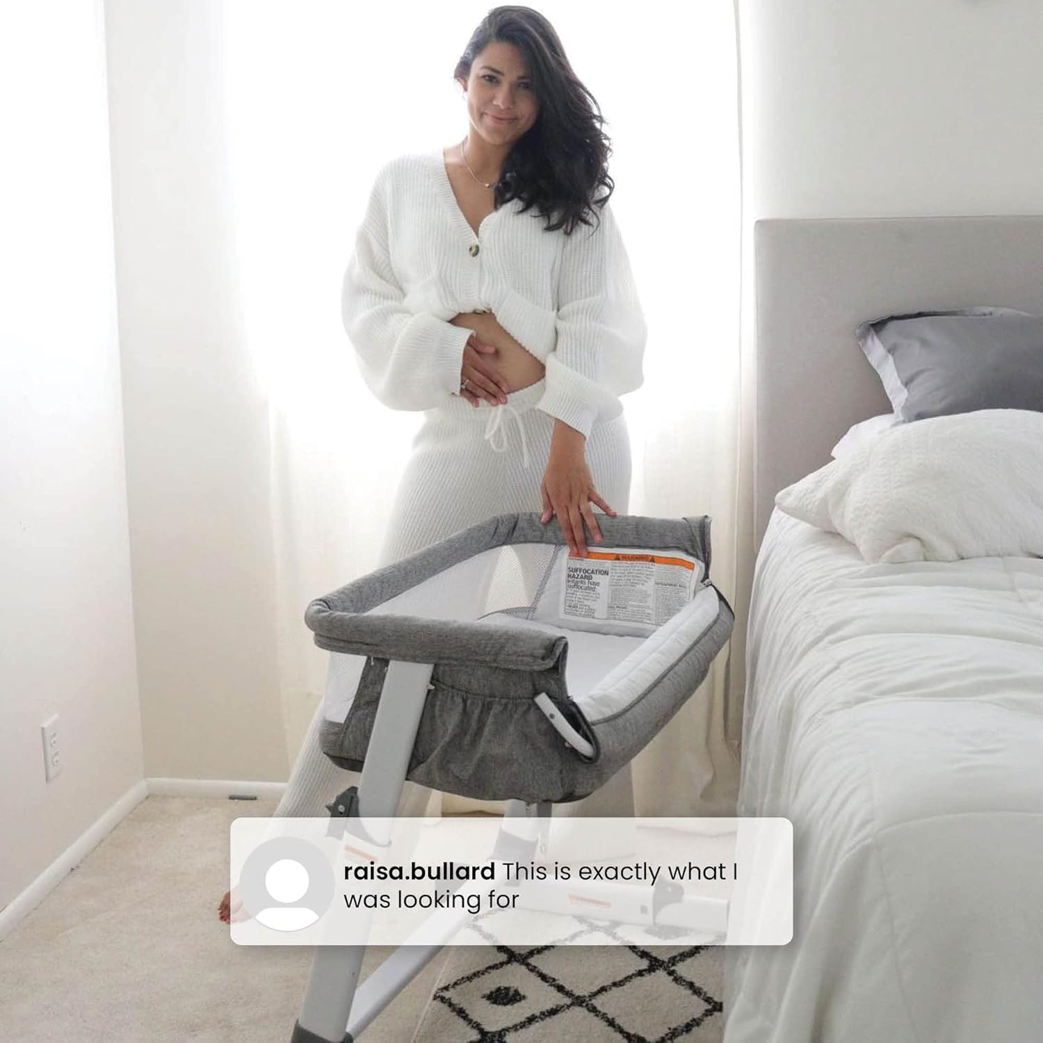 Simmons Kids Dream Bedside Bassinet with Zip-Down Side Wall, Breathable Mesh, Adjustable Heights, Lightweight Portable Crib, Grey C438517
