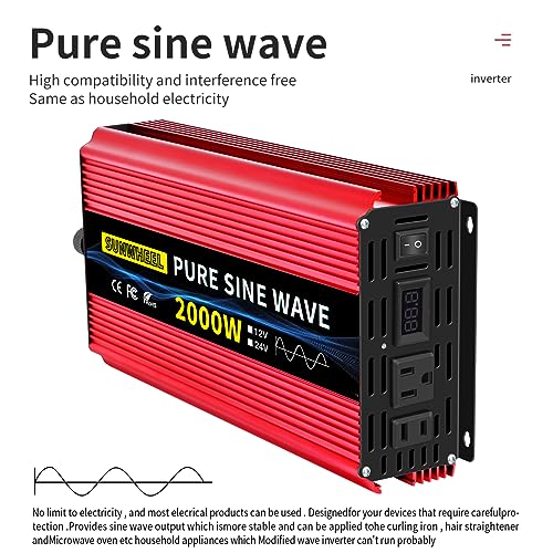1000W Pure Sine Wave Power Inverter DC 12V to AC 110V with 2 Outlets T907607