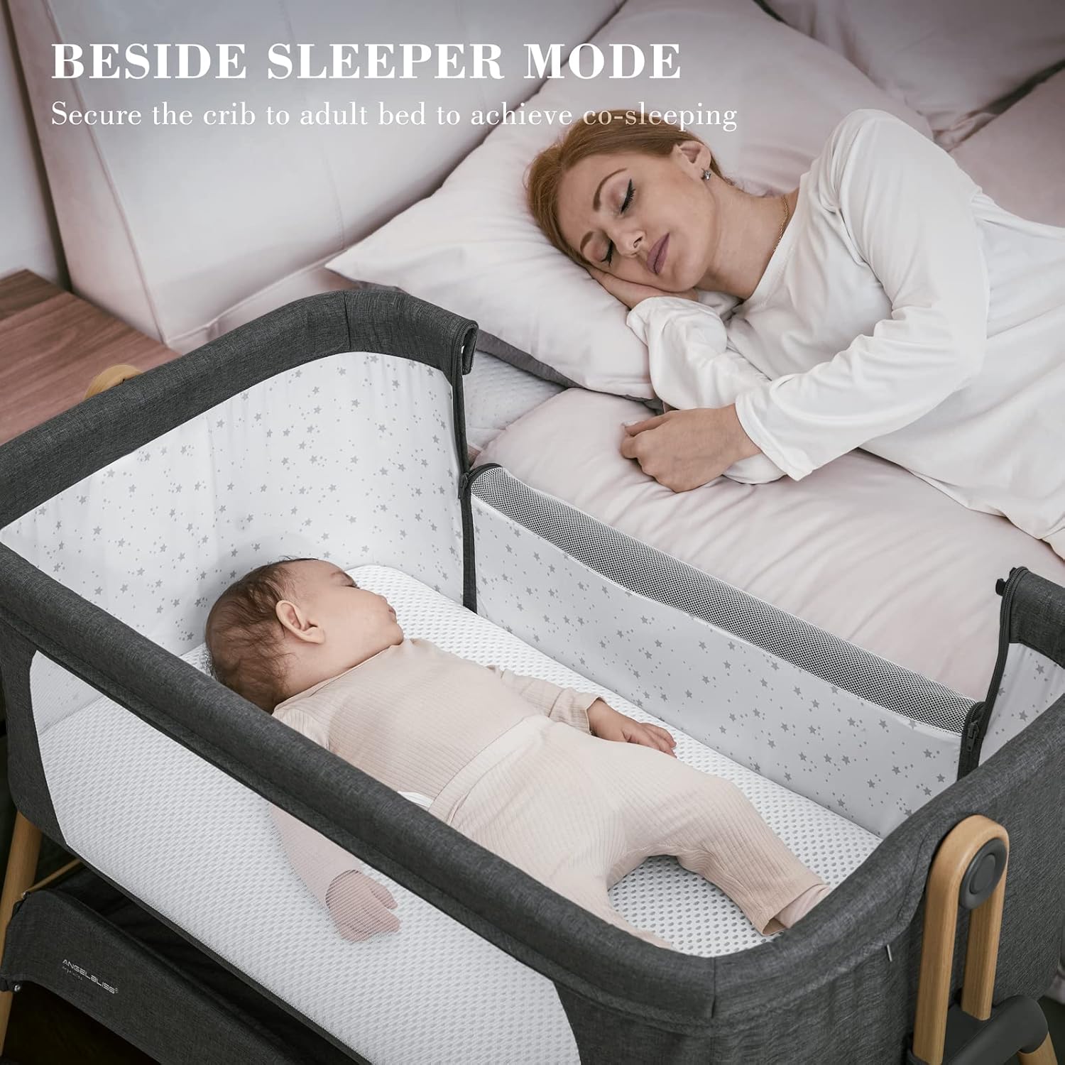 Baby Bassinet, Bedside Sleeper, Easy Folding Crib with Breathable Washable Mattress, 6-Level Adjustable Portable Bassinet for Newborn O524783