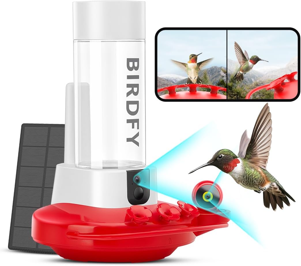 NETVUE Birdfy Hummingbird Feeder with Camera - 2K Dual Smart Cameras Solar Powered, Close-Up Bird Watching, Lifetime-Free AI Identify Hummingbird, Ant Moat & Instant Notifications (20 Ounces)