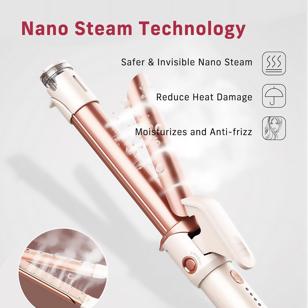2-in-1 Curler Iron and Steam Hair Straightener, 1" Ceramic Curling Wand with Negative Ions O954466