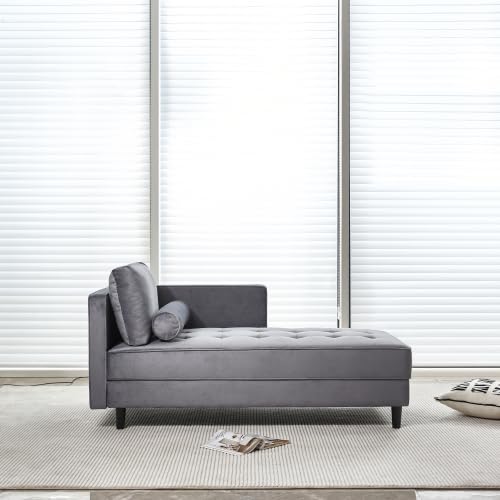 Velvet Chaise Lounge Chair with Tufted Cushion and Adjustable Armrest D555