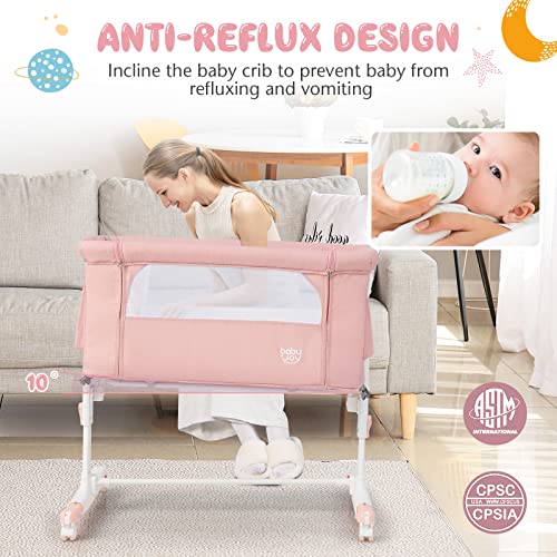 3 in 1 Folding Bassinet Bedside Sleeper with Adjustable Height, Mattress, Wheels, Storage & Carry Bag (Pink) D6125