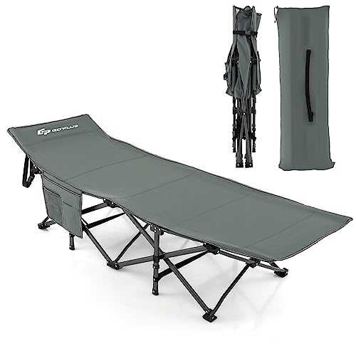 Goplus Folding Camping Cot, 27.5" Sleeping Cot for Adults with Carry Bag, 600LBS Weight Capacity, Slanted Head, Side Pocket, Heavy Duty Portable Camping Bed for Kids, Beach, Office Snap (Blue)