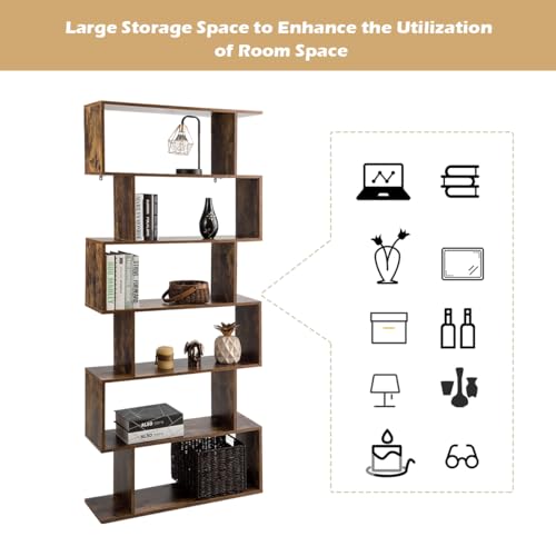 6-Tier Geometric Bookcase, Modern S-Shaped Storage Display Bookshelf, Anti-Toppling Device, Wooden Open Shelf G440024