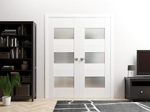 Solid French Double Doors 36 x 80 inches Opaque Glass White Silk Wood Panel F7367