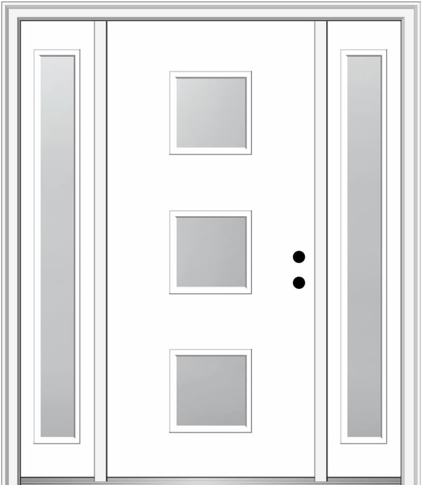 National Door Company, 60" x 80", Fiberglass Smooth, Primed, 3-Lite Square, Frosted Glass, Prehung Front Door with Two Sidelites on 4-9/16" Primed Composite Frame