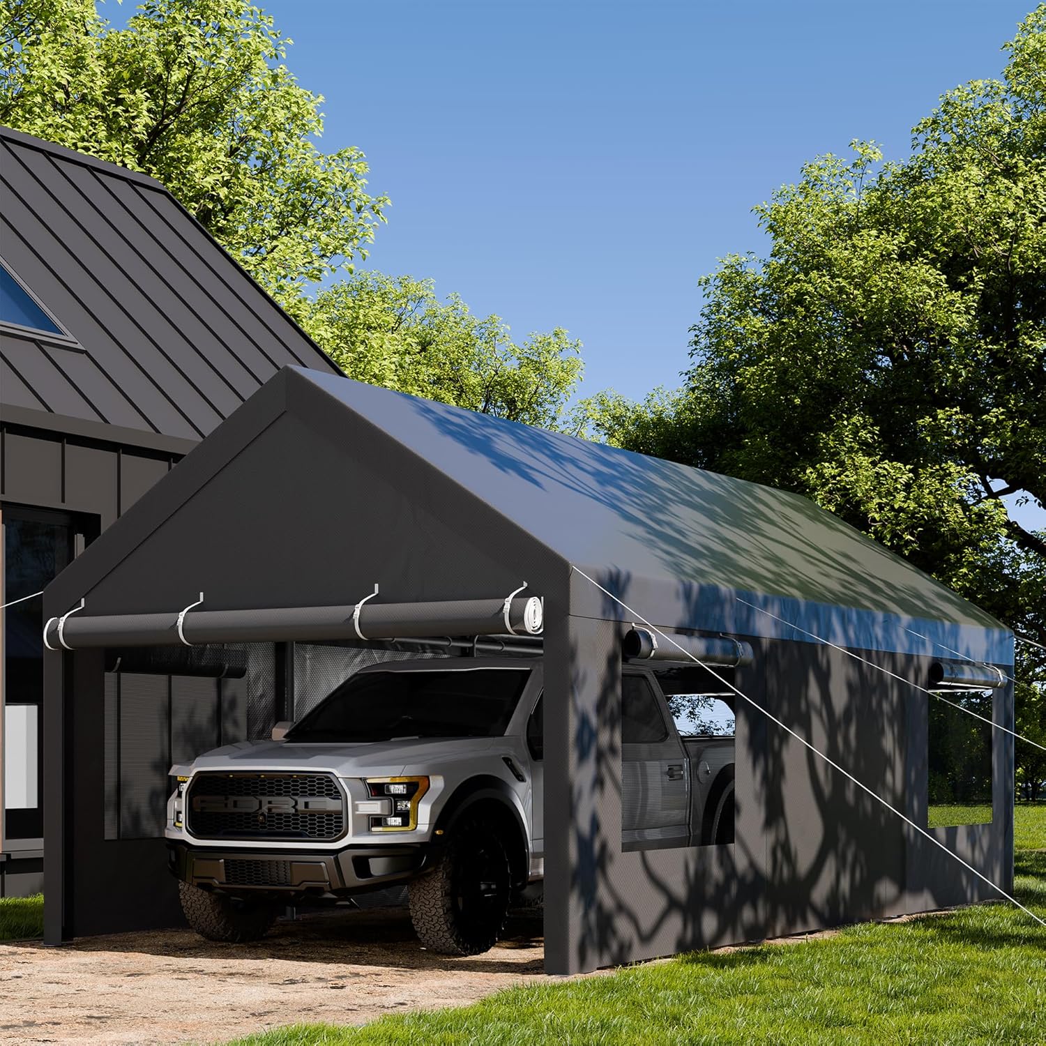 Carport 10x18.5 ft Heavy Duty Canopy with Roll-up Windows, Portable Garage with Removable Sidewalls A5898