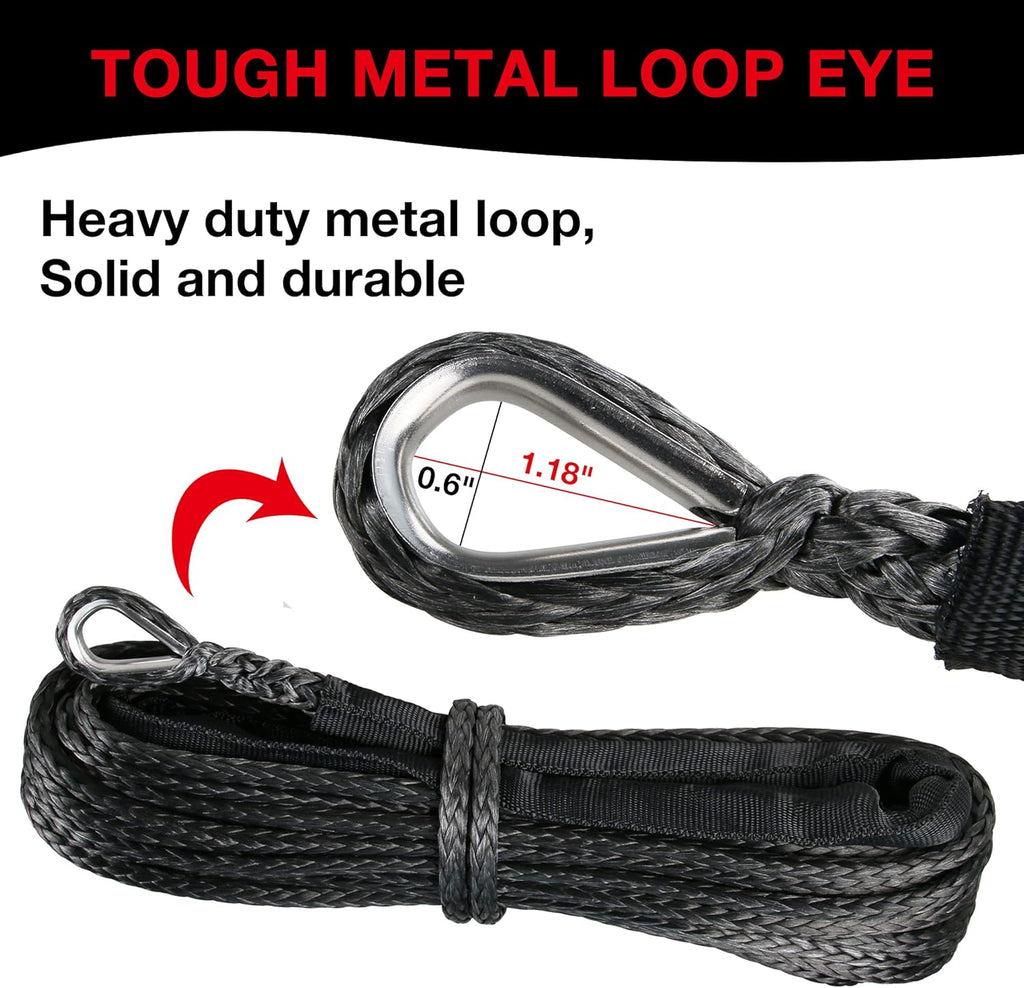 1/4" Synthetic Winch Rope 50 Ft Black Heavy Duty 10000 lb with Steel Hook and Thimble O7298