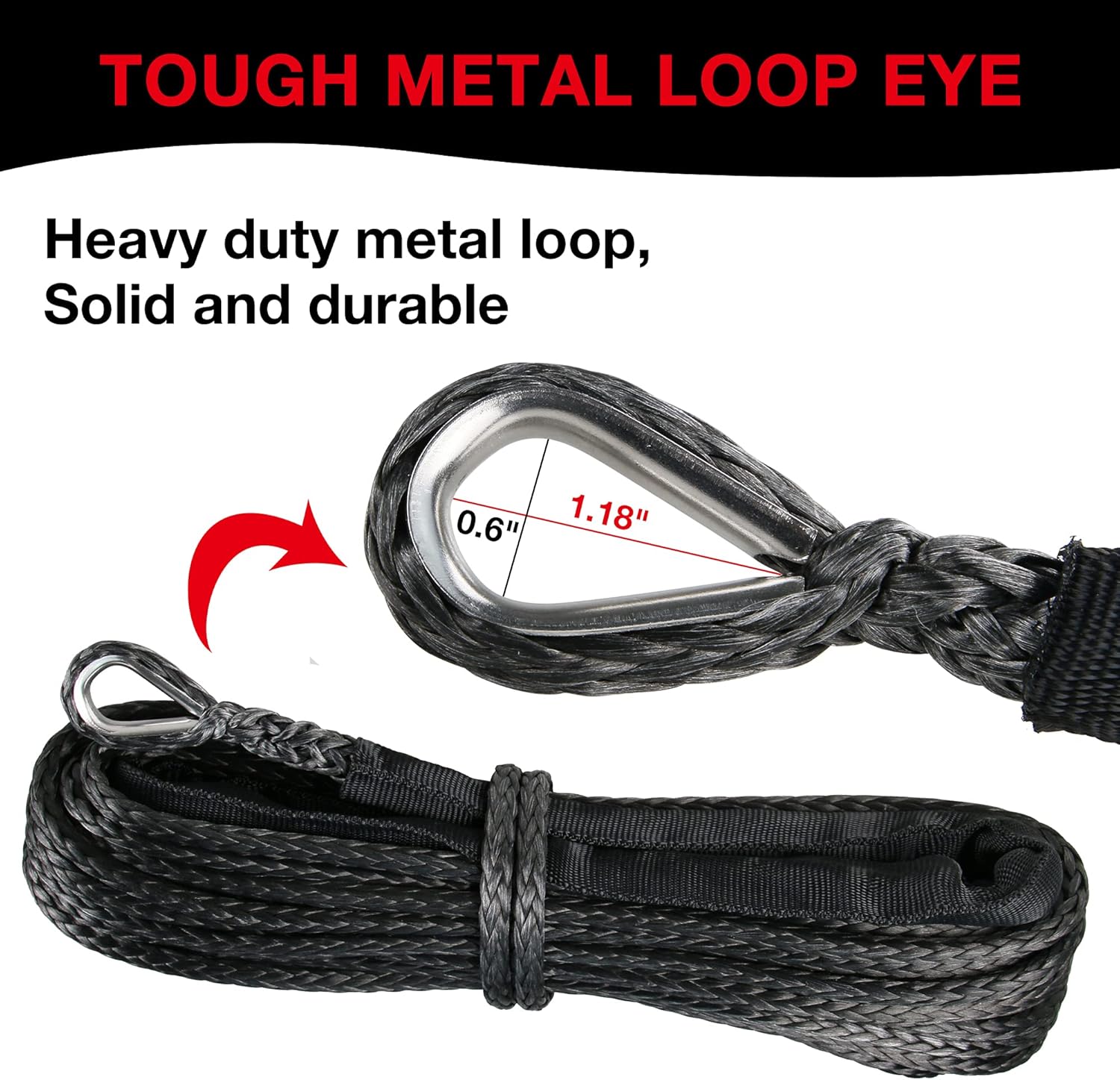 1/4" Synthetic Winch Rope 50 Ft Black Heavy Duty 10000 lb with Steel Hook and Thimble O7298