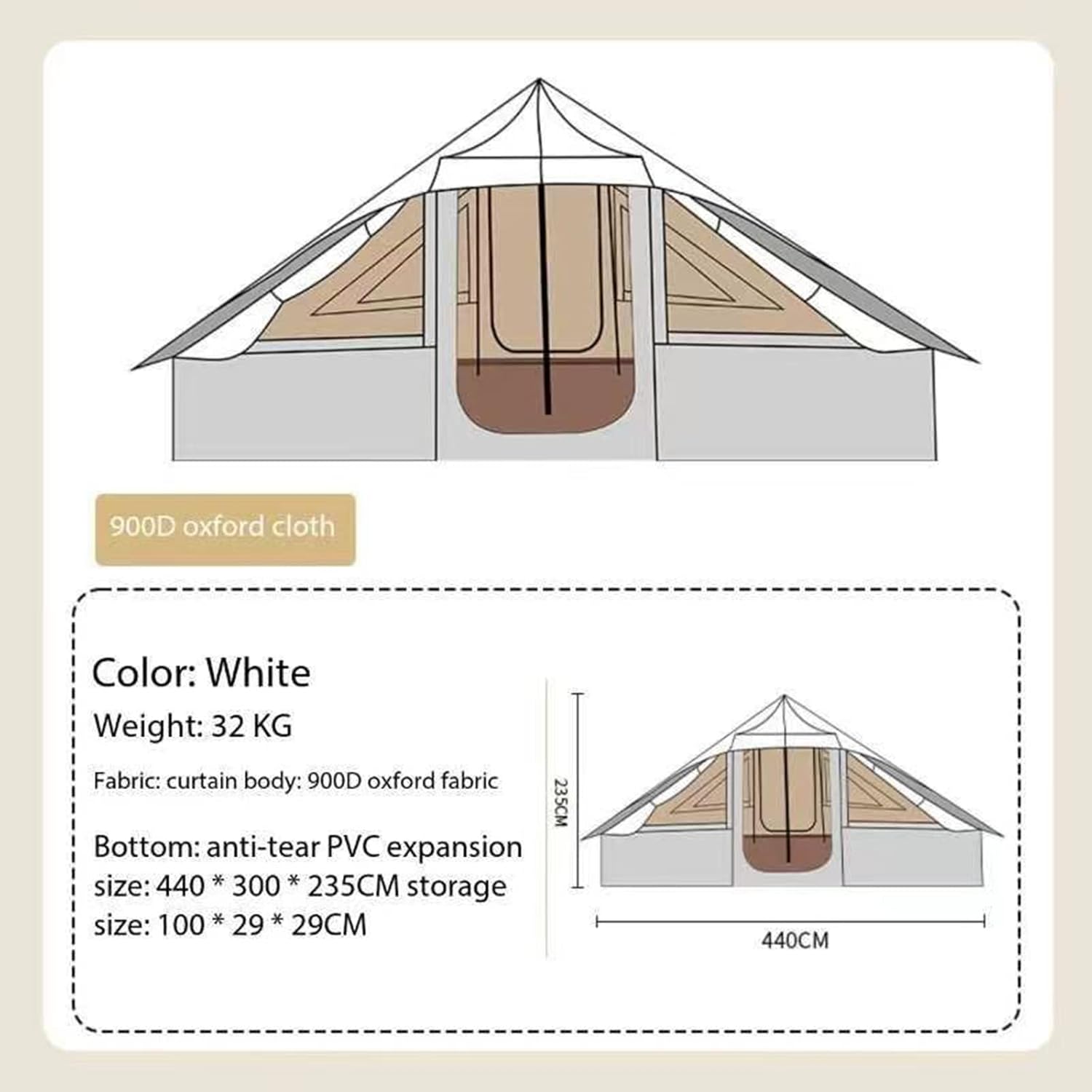 Outdoor Camping Tent, Double Door Family Hut Tent, Khaki I7898