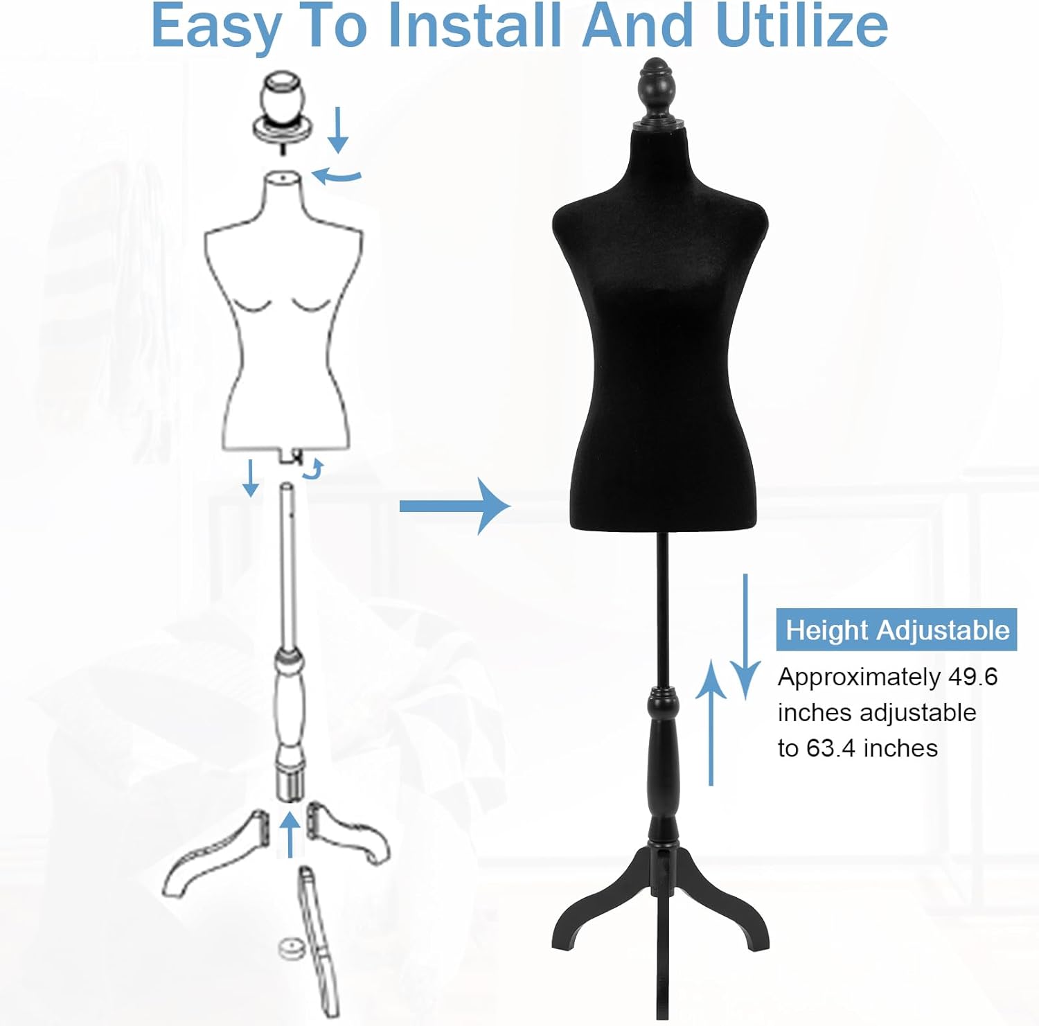 Adjustable Dress Form Mannequin with Tripod Stand for Display F8795