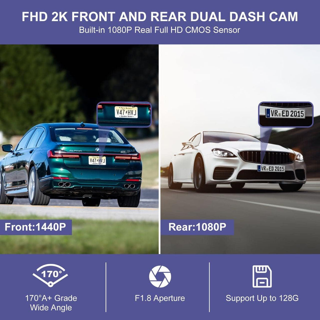 2K 1440P Front and Rear Dash Cam with WiFi, GPS, and Night Vision O82642