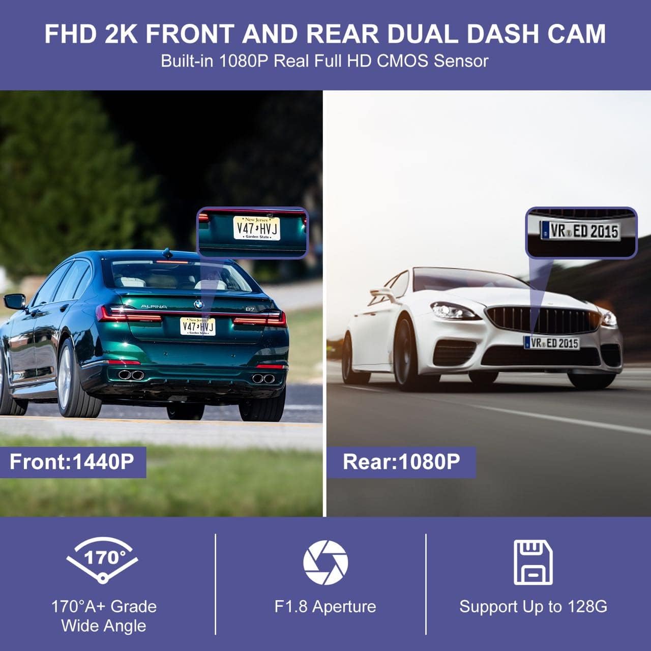 2K 1440P Front and Rear Dash Cam with WiFi, GPS, and Night Vision O82642