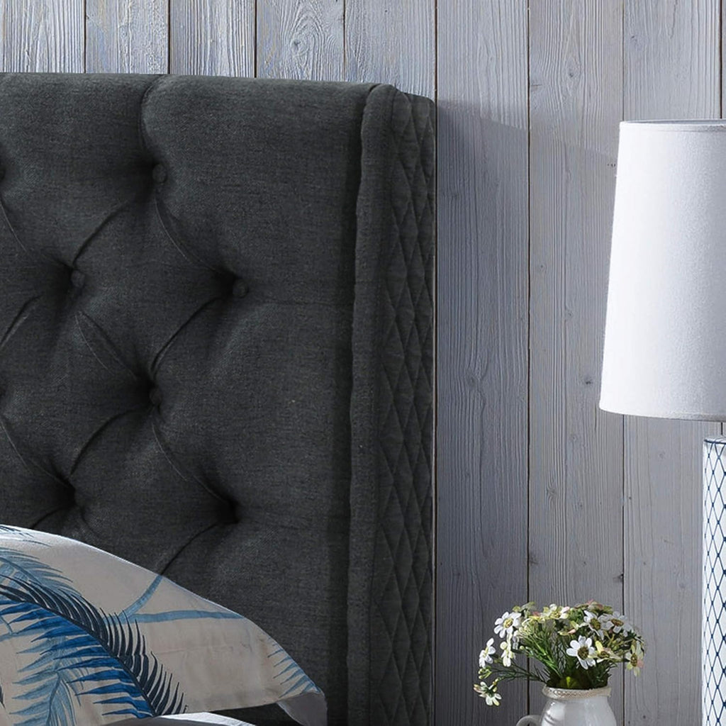 Wingback Tufted Fabric Headboard, Queen / Full, Dark Gray / Black T61067