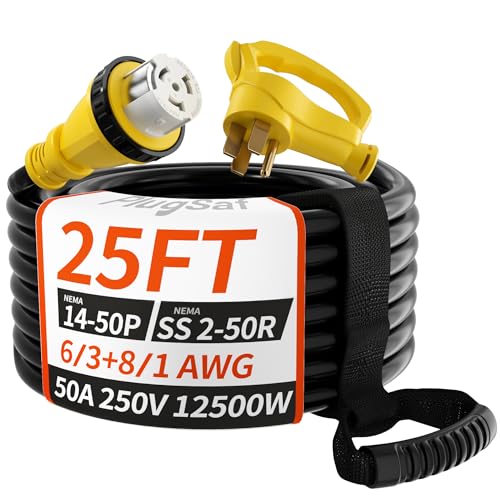 50 Amp Generator Cord, 10FT 50 Amp RV Extension Cord with Twist Lock, Generator Cord 50A 4 Prong, NEMA 14-50P to SS2-50R Heavy Duty 6/3+8/1 AWG STW Wire for RV Camper & Generator to House