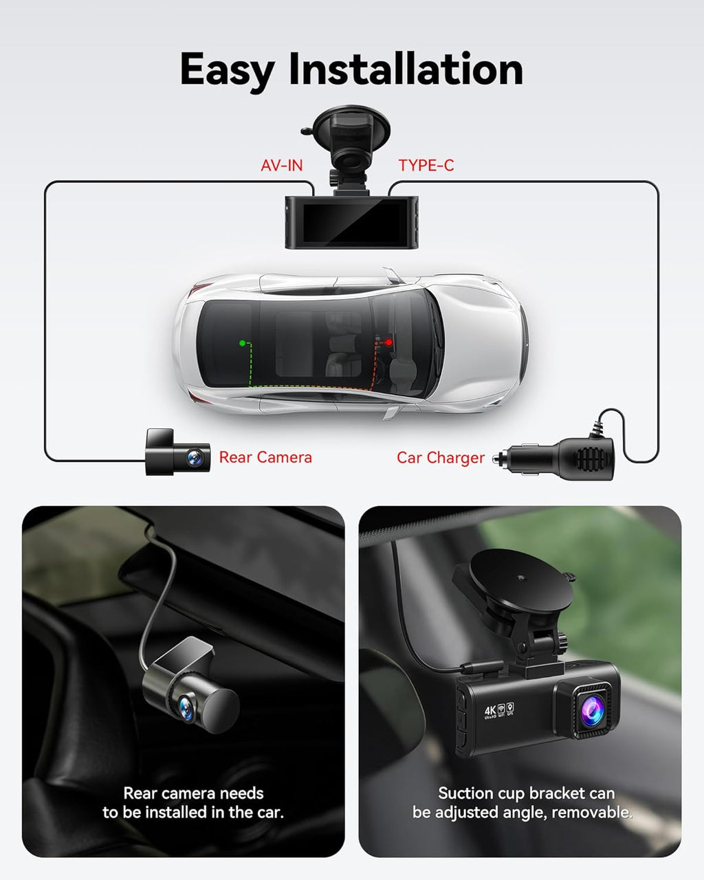 Dash Cam Front Rear, 4K/2.5K Full HD, Built-in Wi-Fi GPS, Night Vision F108