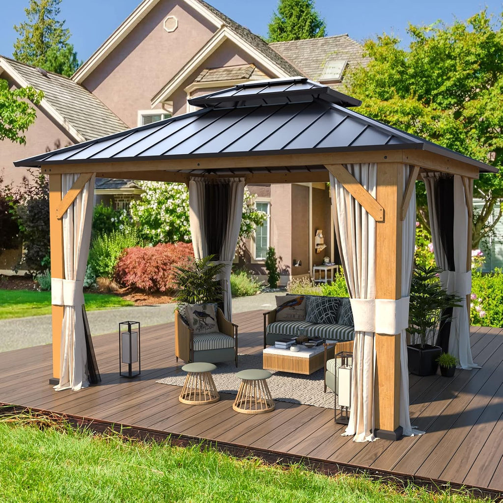 Solid Wood Gazebo with Hardtop Roof, Netting and Curtains N2070
